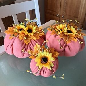 Set of 3 Fabric Pumpkins with Sunflower Accents X Large Ones 25" Around